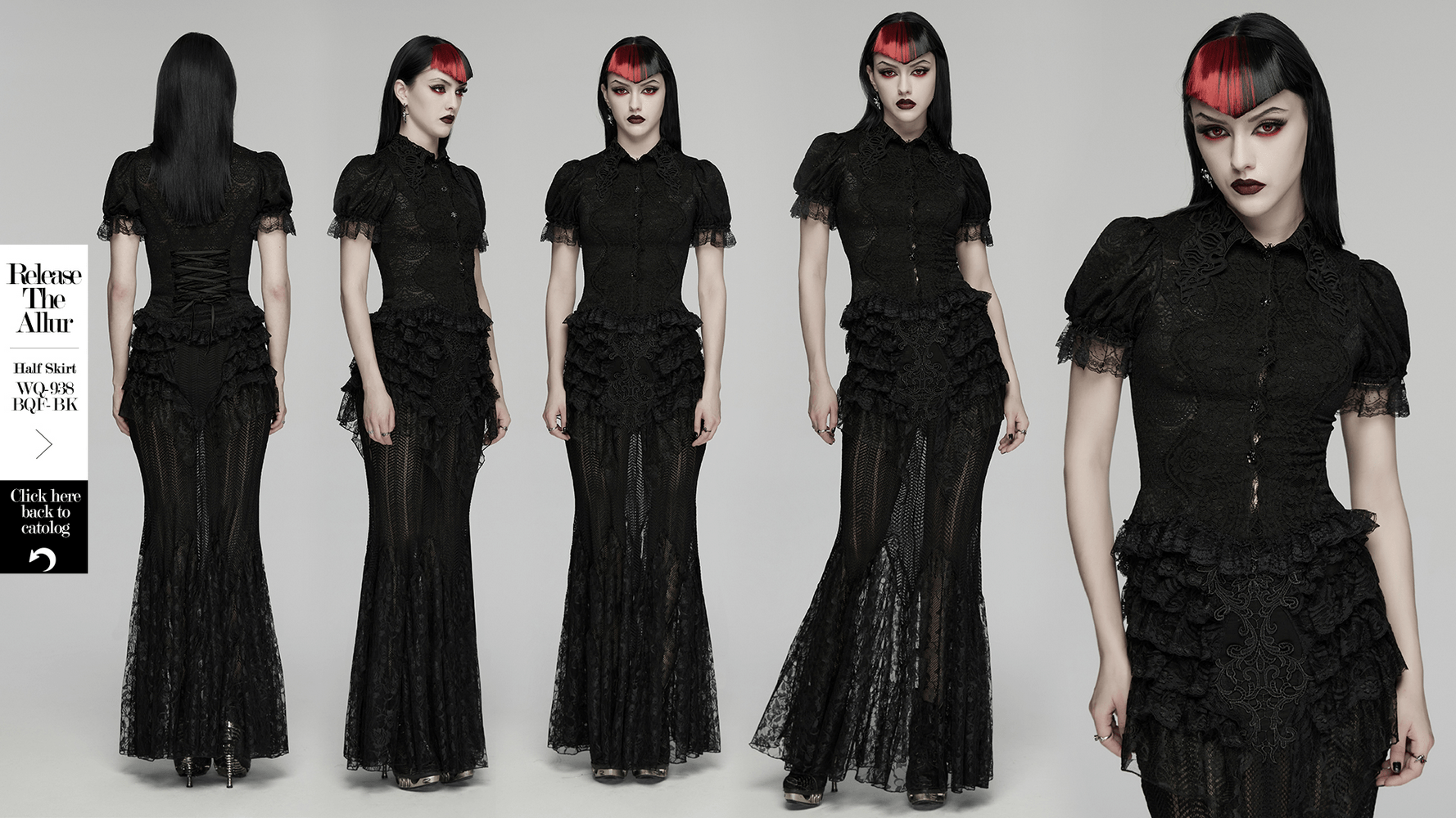 Alt Tag: Black Gothic Lace Corset Blouse with Puff Sleeves on model, sheer floral lace, puff sleeves, button front, back corset lacing