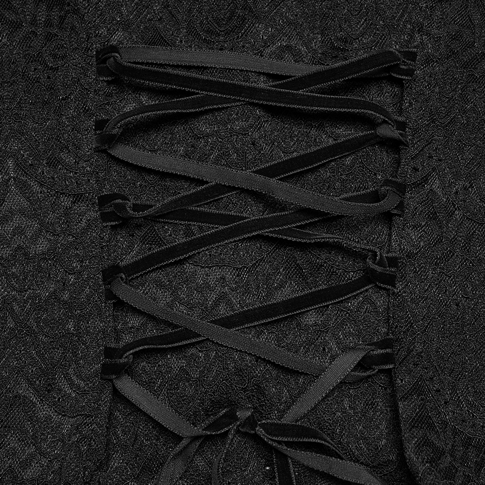 Alt Tag: Black Gothic Lace Corset Blouse with Puff Sleeves back corset lacing detail on sheer floral lace fabric