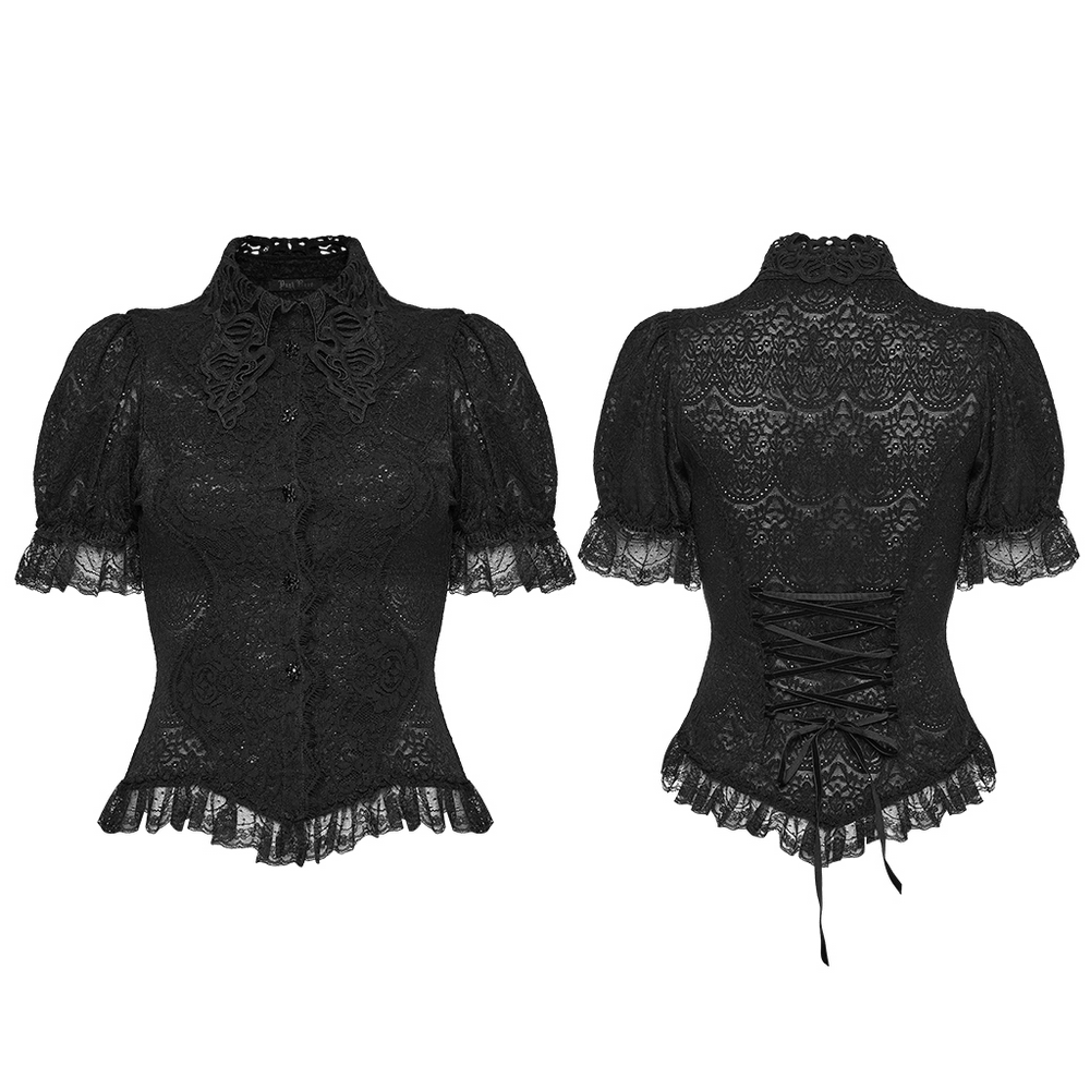 Alt Tag: Black Gothic Lace Corset Blouse with Puff Sleeves, sheer floral lace, puff sleeves, Victorian collar, front buttons, back corset lacing