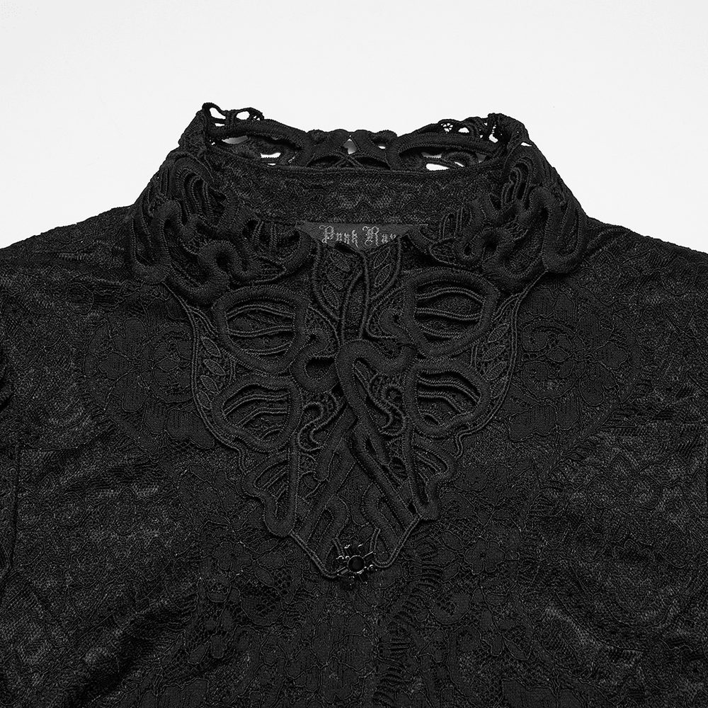Alt Tag: Black Gothic Lace Corset Blouse with Puff Sleeves sheer floral lace blouse with ornate collar, button front, and Victorian-inspired detailing