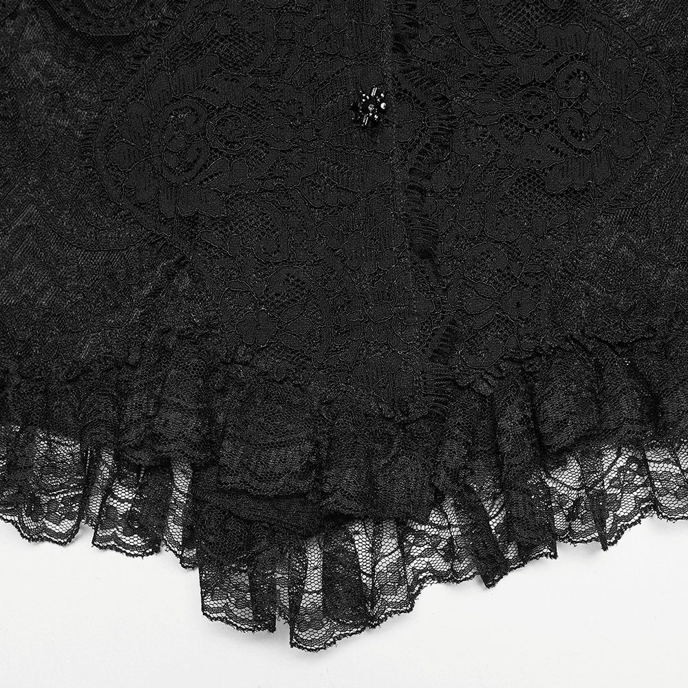 Alt Tag: Black Gothic Lace Corset Blouse with Puff Sleeves close-up of sheer floral lace with ruffled trim and Victorian detail