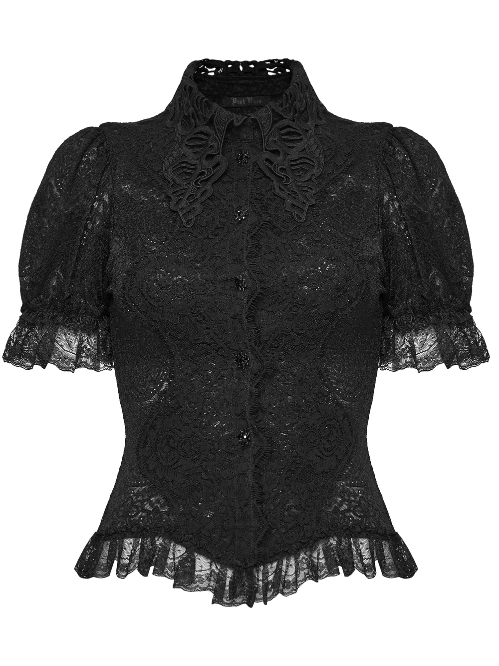 Alt Tag: Black Gothic Lace Corset Blouse with Puff Sleeves, sheer floral lace, puff sleeves, ornate collar, button front, ruffled hem