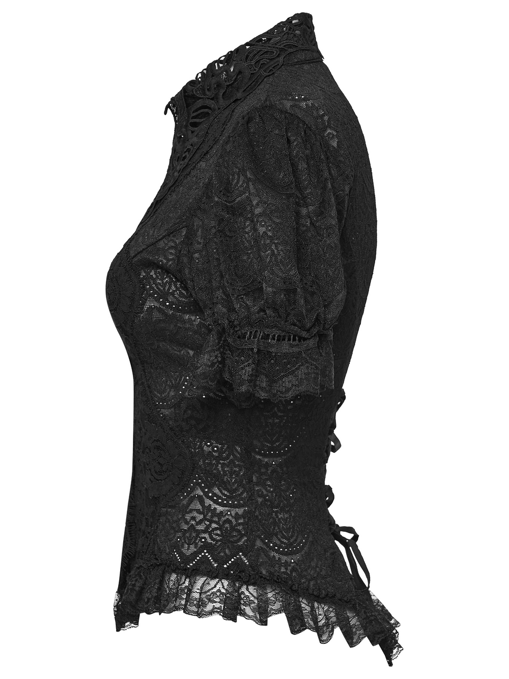 Alt Tag: Black Gothic Lace Corset Blouse with Puff Sleeves side view, sheer floral lace, puff sleeves, Victorian collar, ruffled hem