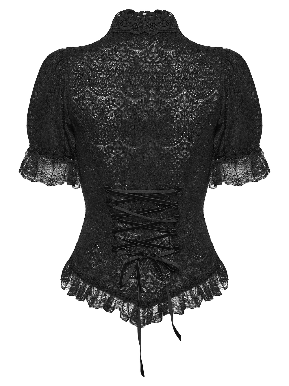 Alt Tag: Black Gothic Lace Corset Blouse with Puff Sleeves back view, sheer floral lace, puff sleeves, Victorian collar, corset lacing