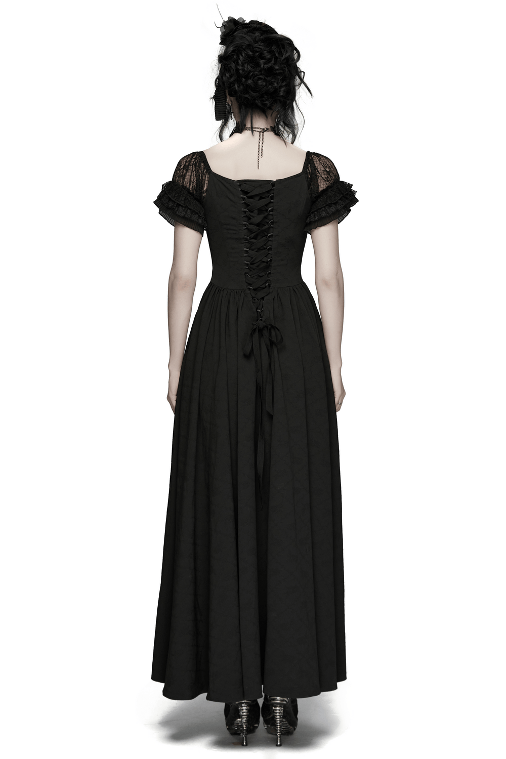 Alt Tag: Black Gothic Lace Corset Maxi Dress with Victorian Style back view, lace short sleeves, corset lacing, flowing maxi skirt