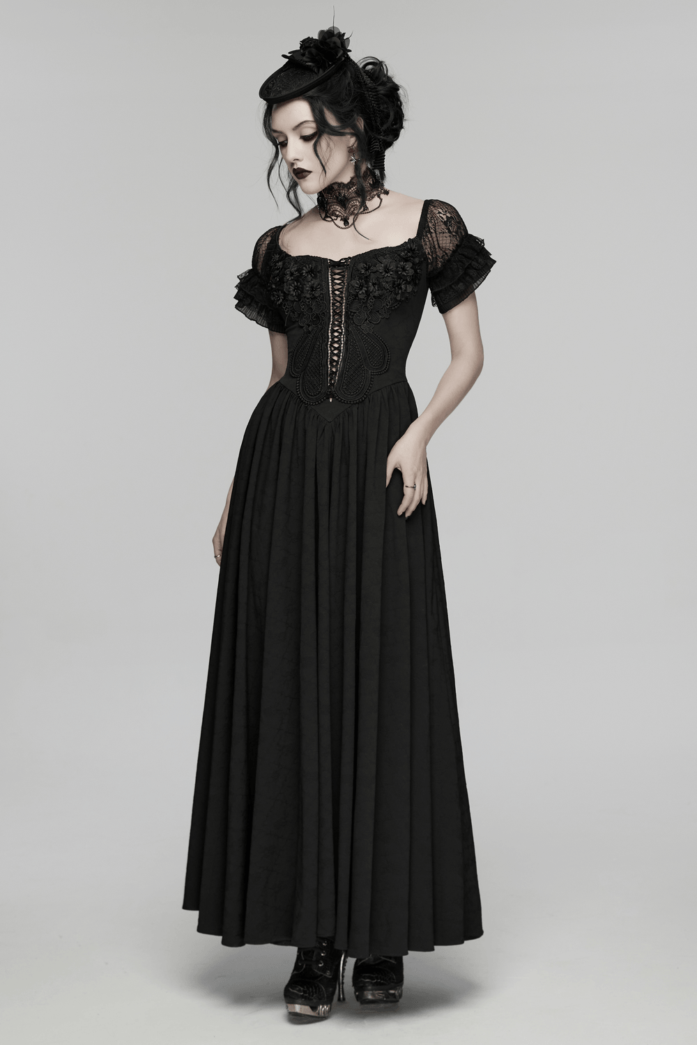 Alt Tag: Black Gothic Lace Corset Maxi Dress with Victorian Style, V-neck jacquard gown with short lace sleeves, corset front & flowing skirt