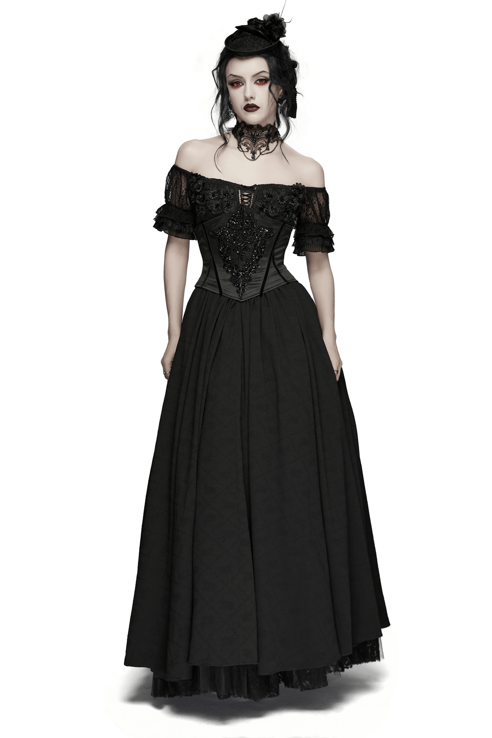 Alt Tag: Black Gothic Lace Corset Maxi Dress with Victorian Style off-shoulder V-neck lace sleeves, corset bodice, flowing black maxi skirt