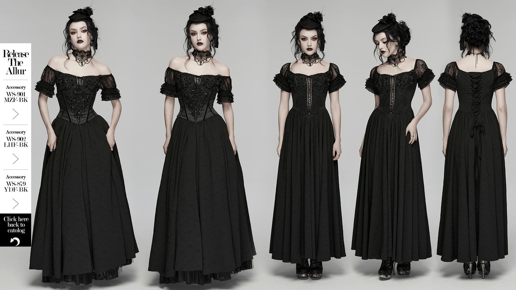 Alt Tag: Black Gothic Lace Corset Maxi Dress with Victorian Style shown in multiple views, V-neck lace sleeves, corset bodice, flowing maxi skirt