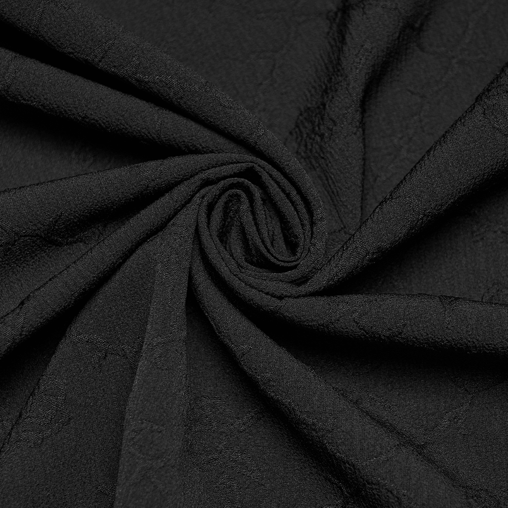 Alt Tag: Black Gothic Lace Corset Maxi Dress with Victorian Style black jacquard fabric close-up, dramatic gothic texture swirl