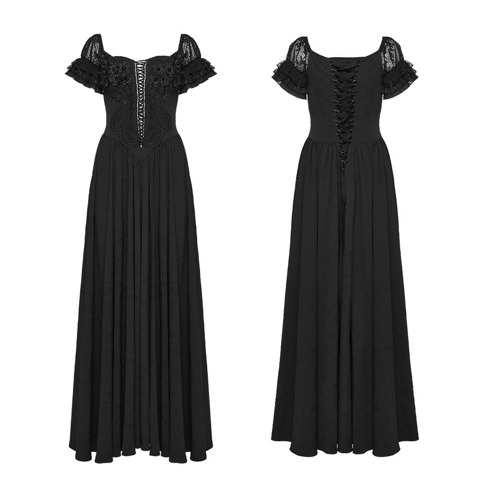 Alt Tag: Black Gothic Lace Corset Maxi Dress with Victorian Style front and back view, V-neck lace sleeves, corset lace-up back