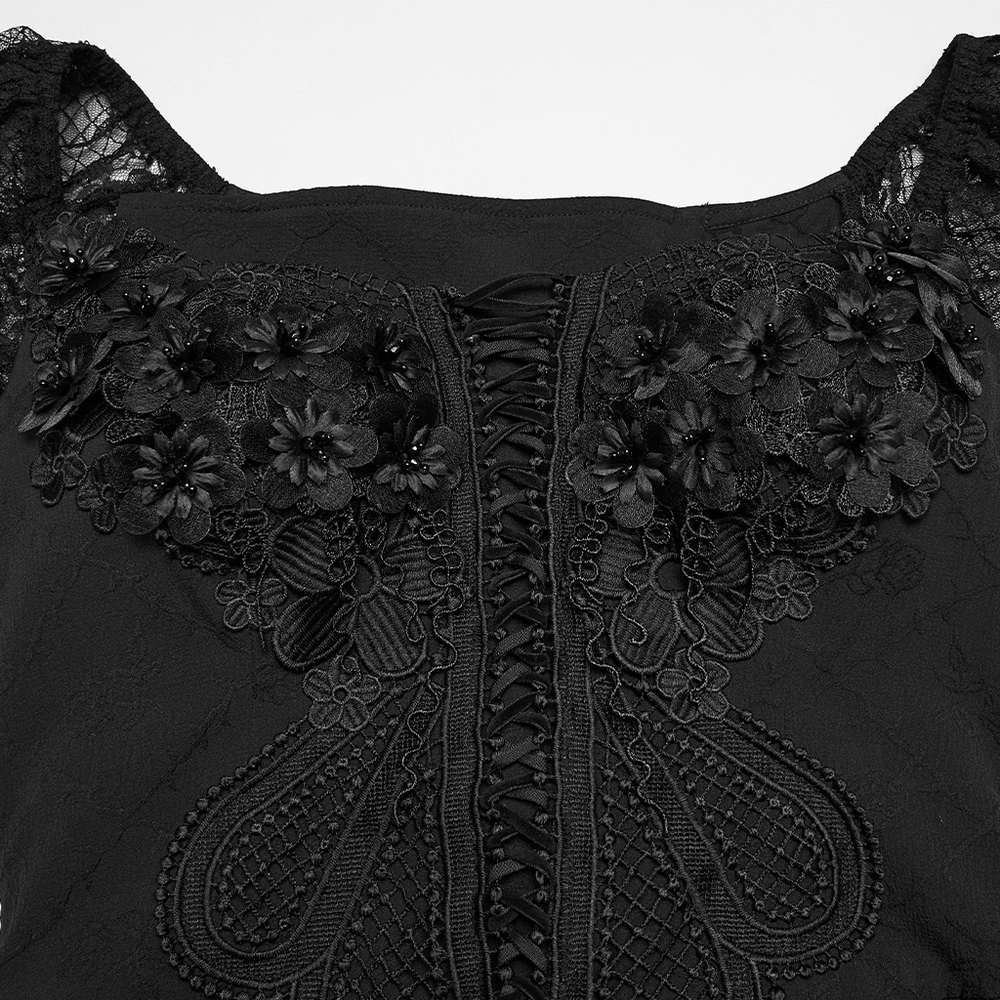 Alt Tag: Black Gothic Lace Corset Maxi Dress with Victorian Style close-up of corset lacing, 3D floral embroidery and lace neckline