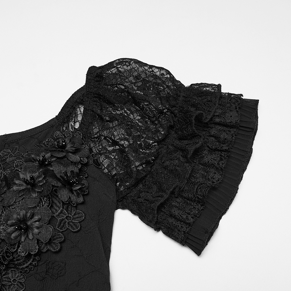 Alt Tag: Black Gothic Lace Corset Maxi Dress with Victorian Style close-up of black lace sleeve, pleated trim, and 3D floral embroidery
