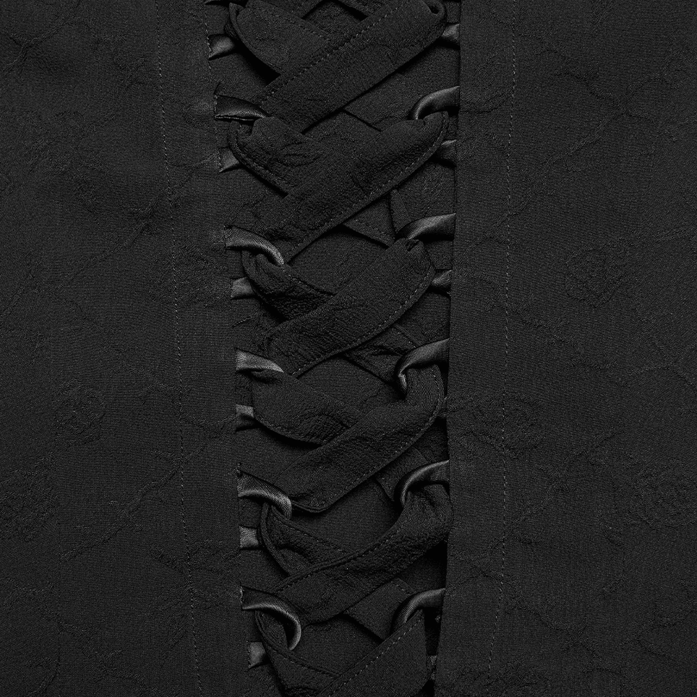 Alt Tag: Black Gothic Lace Corset Maxi Dress with Victorian Style close-up of black corset lace-up detailing—tighten up your dark romance look