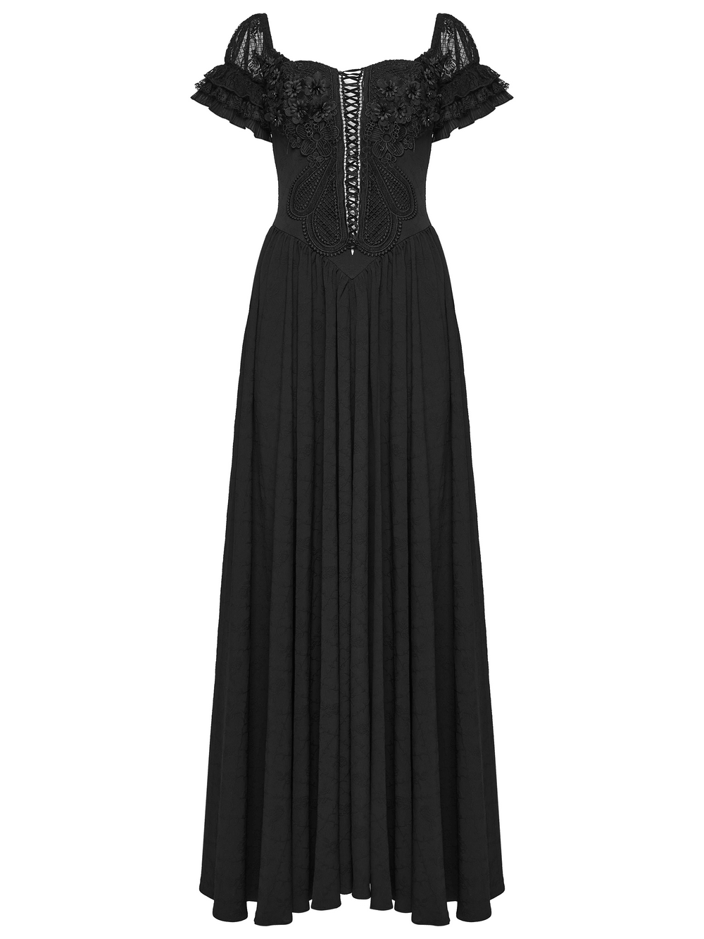 Alt Tag: Black Gothic Lace Corset Maxi Dress with Victorian Style – V-neck jacquard corset bodice, short lace sleeves, flowing goth maxi skirt