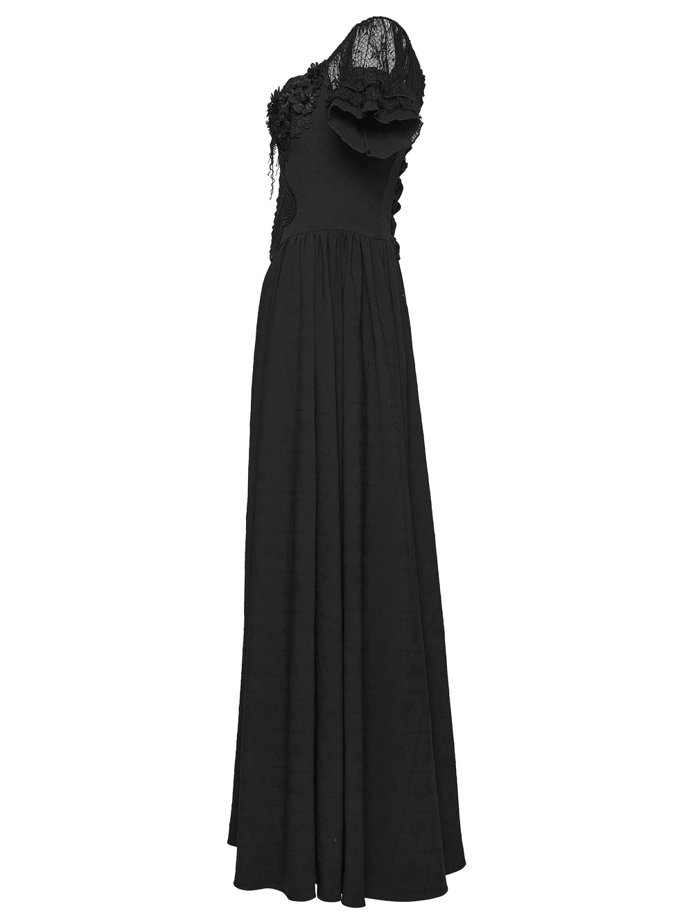 Alt Tag: Black Gothic Lace Corset Maxi Dress with Victorian Style – black V-neck maxi with lace shoulder, corset bodice, flowing skirt
