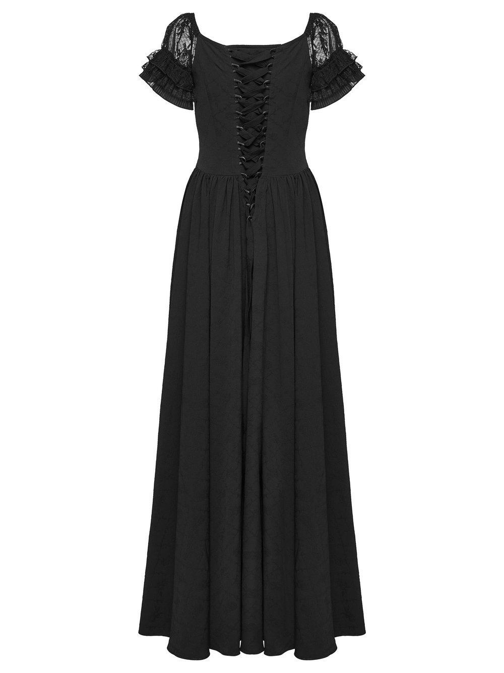 Alt Tag: Black Gothic Lace Corset Maxi Dress with Victorian Style, V-neck lace-up front, short lace sleeves, flowing black maxi skirt