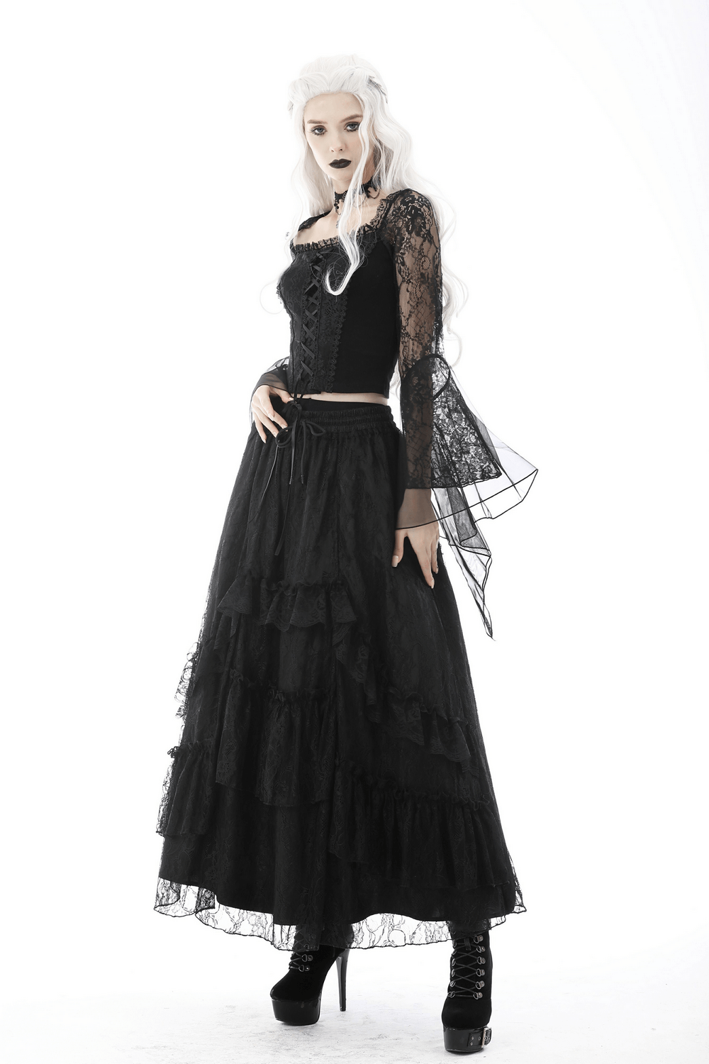 Black Gothic Lace Corset Top with Flared Sleeves