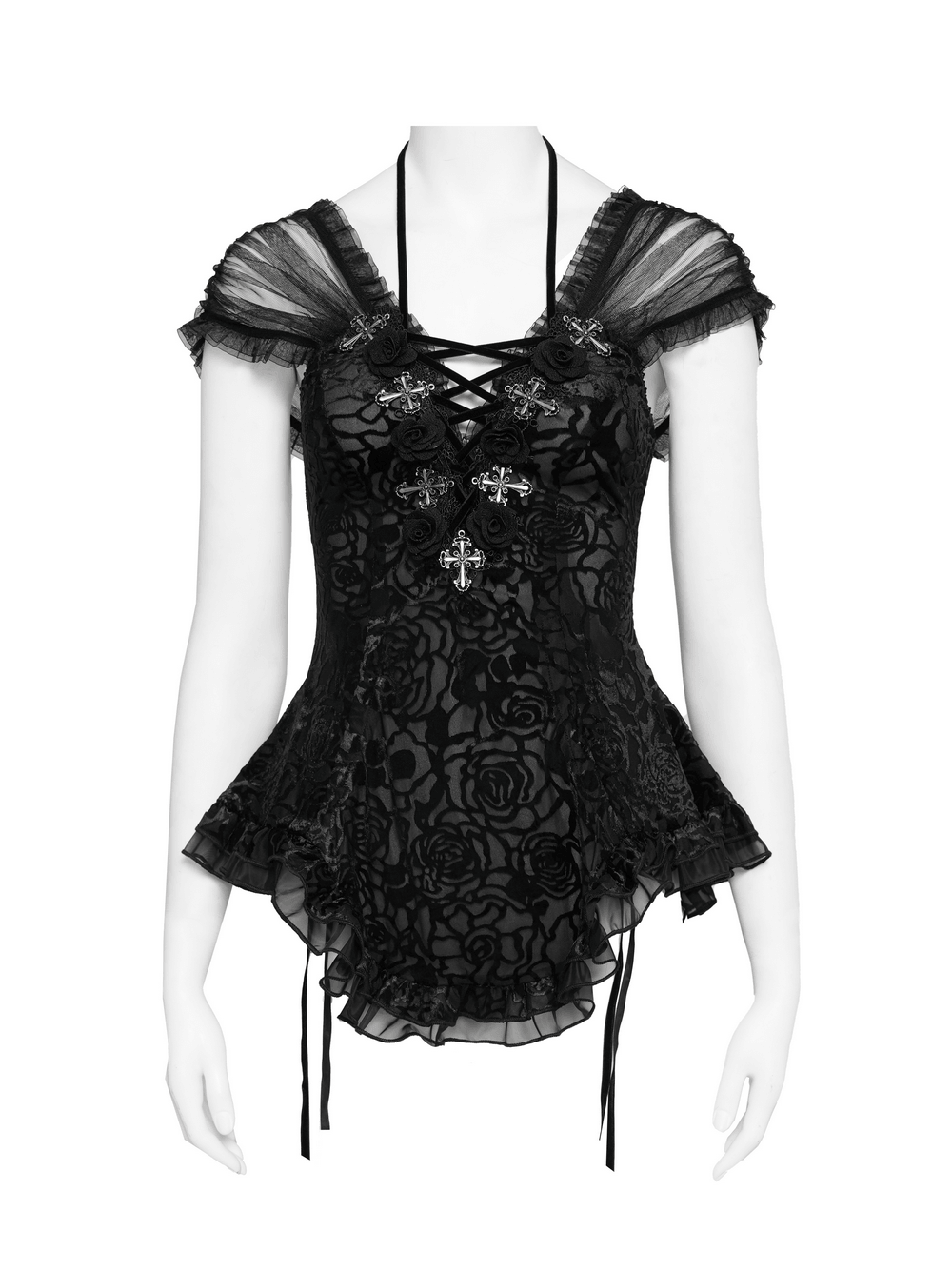 Alt Tag: Black Gothic Lace Corset Top with Sheer Ruffle Sleeves on mannequin, floral lace applique, cross accents, lace-up front, peplum hem