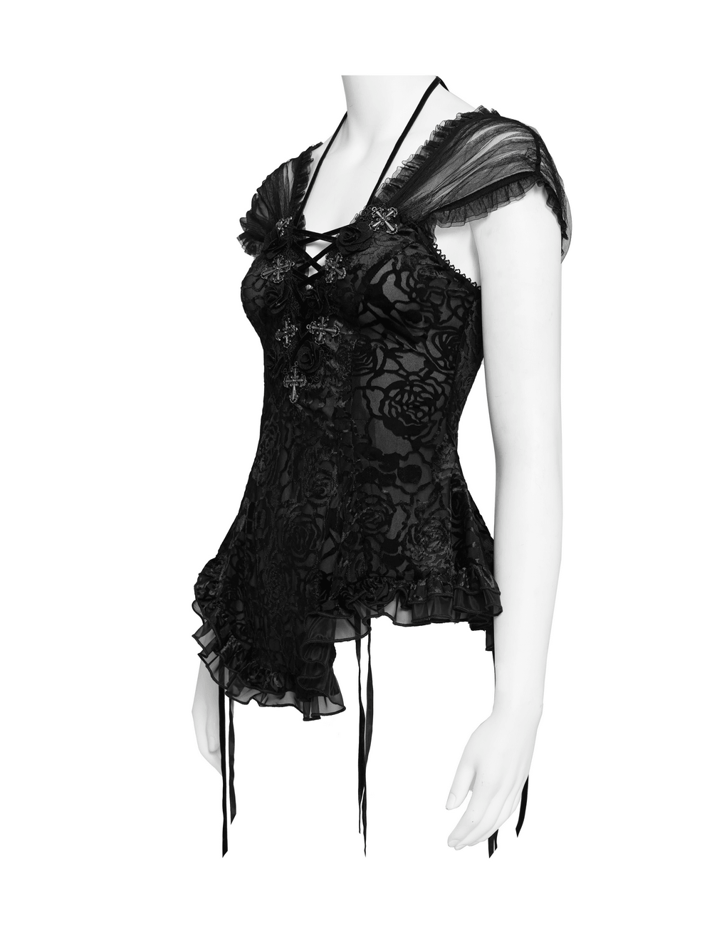 Alt Tag: Black Gothic Lace Corset Top with Sheer Ruffle Sleeves featuring floral lace, cross accents, lace-up front, and peplum hem
