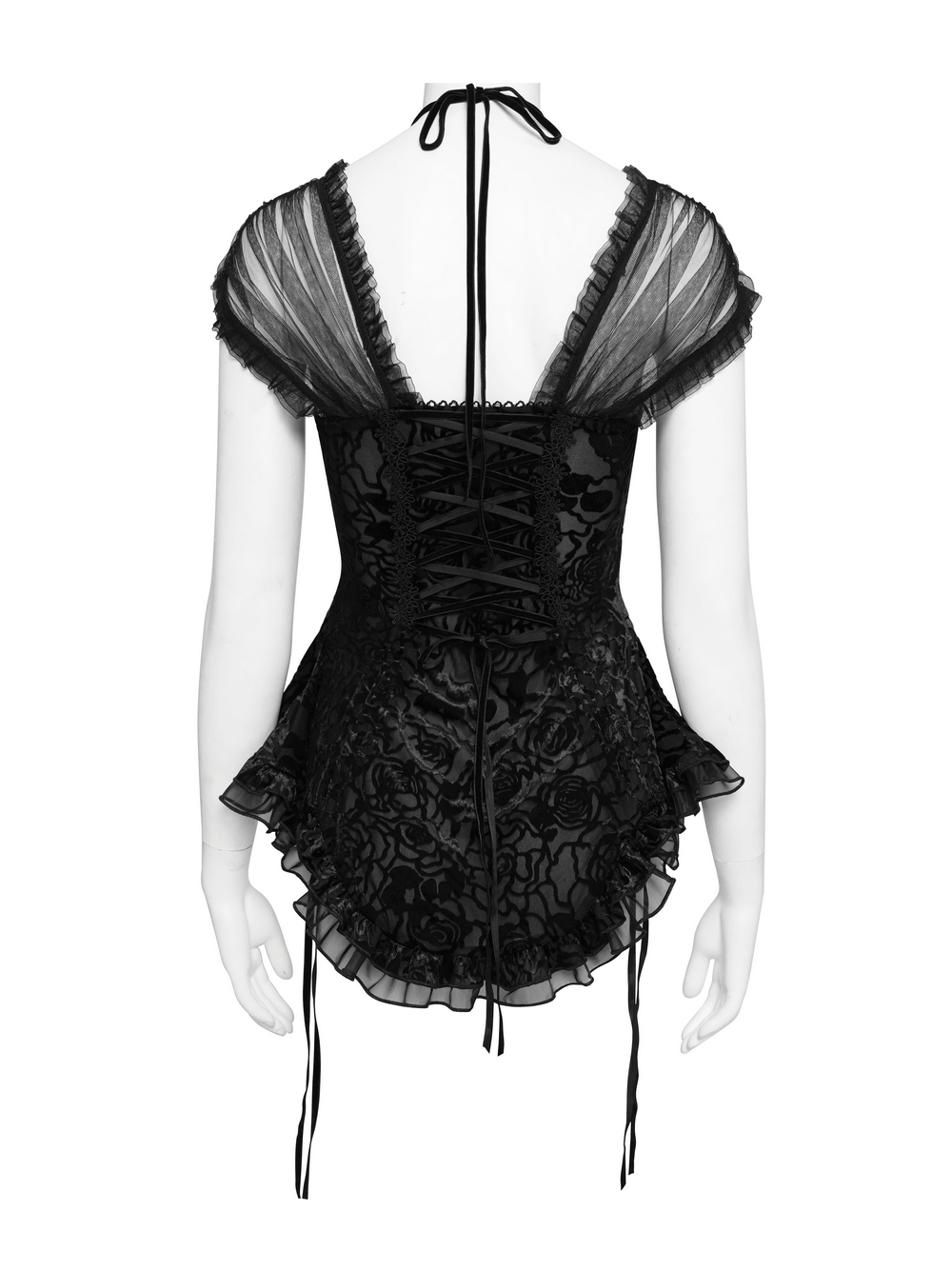 Alt Tag: Black Gothic Lace Corset Top with Sheer Ruffle Sleeves with lace-up front, halter tie, peplum hem, and sheer ruffle sleeves
