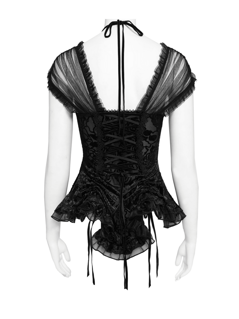 Alt Tag: Black Gothic Lace Corset Top with Sheer Ruffle Sleeves back view, lace-up corset back, sheer ruffle sleeves, peplum hem