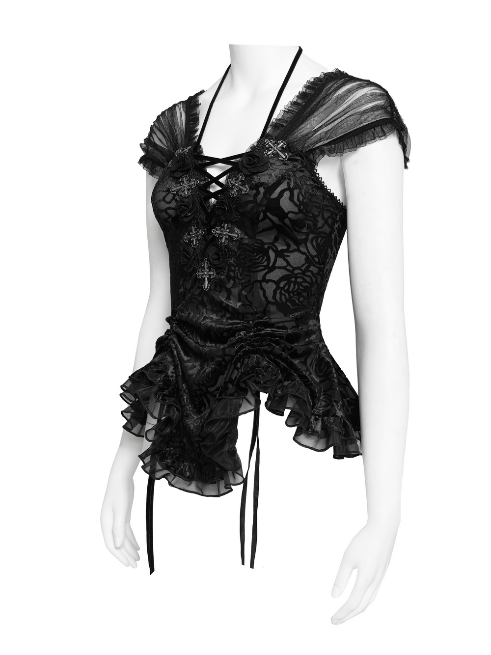 Alt Tag: Black Gothic Lace Corset Top with Sheer Ruffle Sleeves, floral appliqué, lace-up front, cross accents, and peplum hem