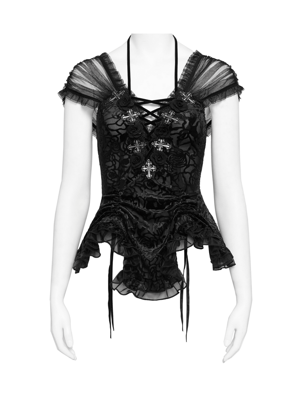 Alt Tag: Black Gothic Lace Corset Top with Sheer Ruffle Sleeves with floral applique, cross accents, lace-up front, and peplum hem