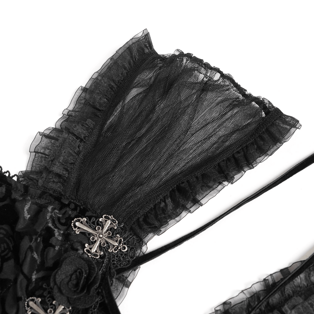 Black Gothic Lace Corset Top with Sheer Ruffle Sleeves close-up of sheer ruffle sleeve, floral applique, and ornate cross accent