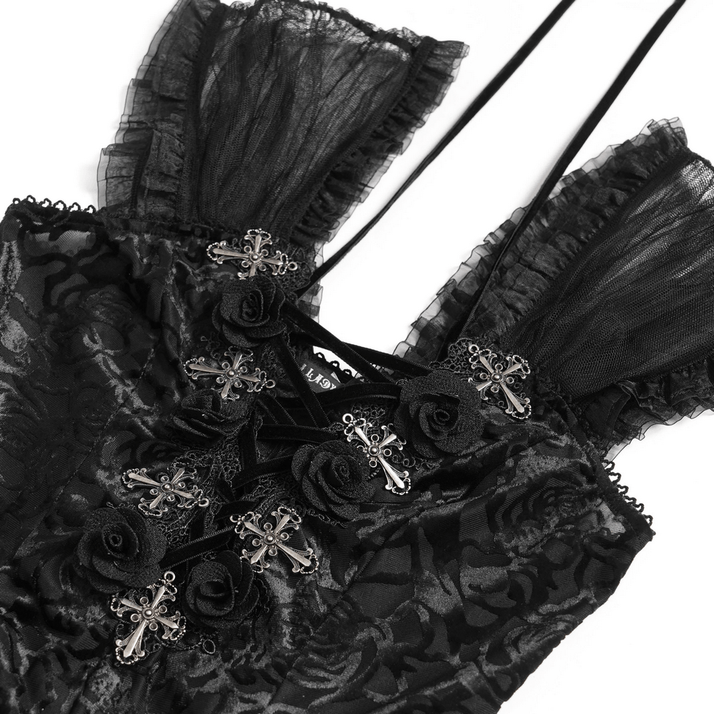 Alt Tag: Black Gothic Lace Corset Top with Sheer Ruffle Sleeves featuring sheer ruffle sleeves, floral lace, and cross accents