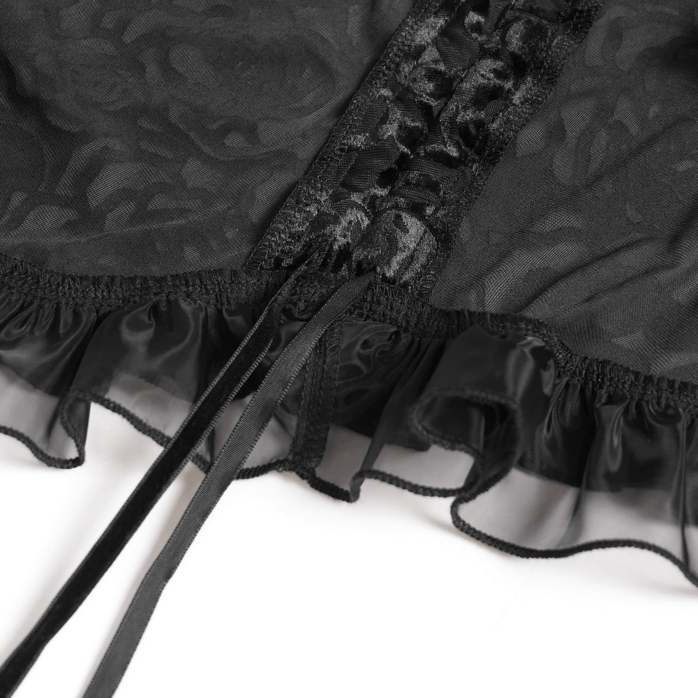Alt Tag: Black Gothic Lace Corset Top with Sheer Ruffle Sleeves close-up of sheer ruffle hem and lace-up detail in black mesh