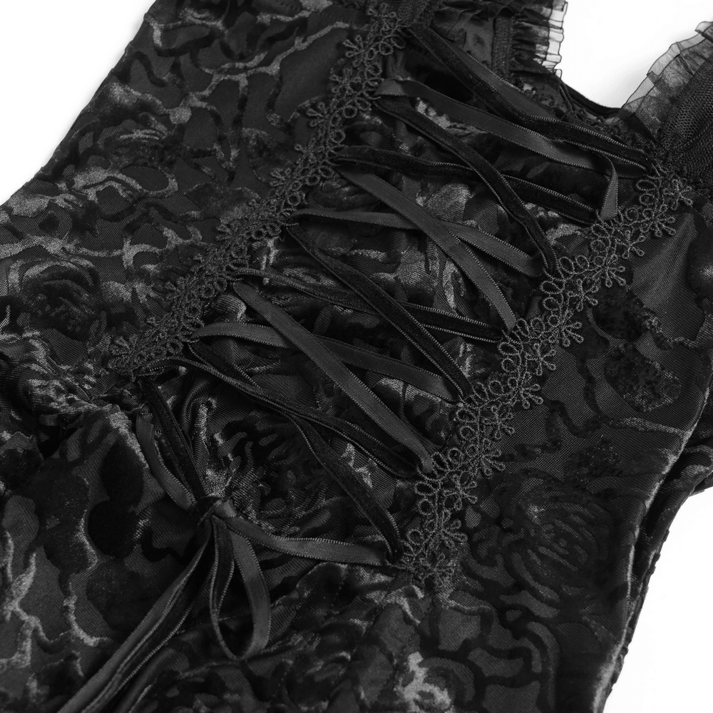 Alt Tag: Black Gothic Lace Corset Top with Sheer Ruffle Sleeves close-up, floral lace bodice with lace-up front and ornate trim