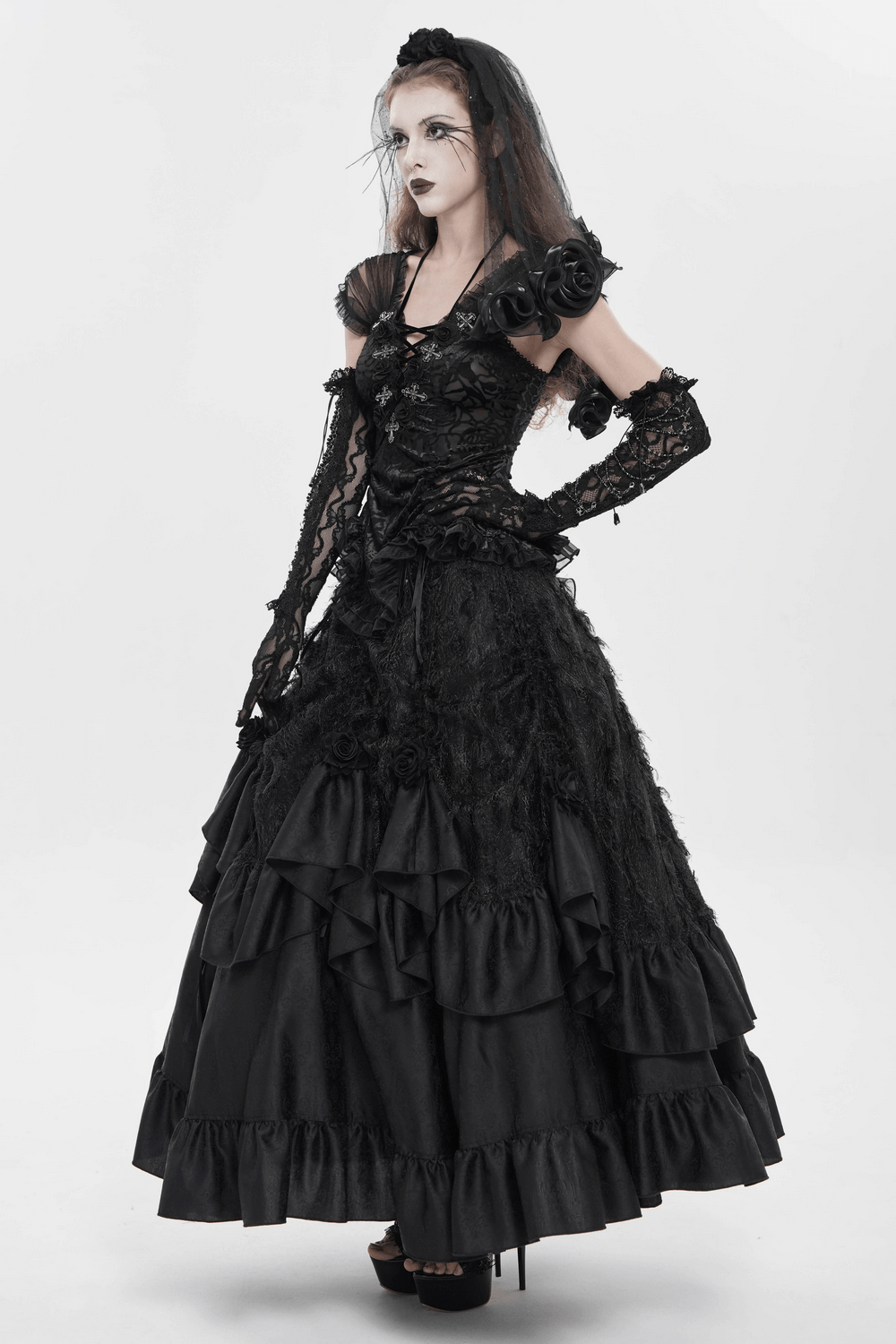 Alt Tag: Black Gothic Lace Corset Top with Sheer Ruffle Sleeves styled with lace gloves and layered black skirt for dramatic gothic romance