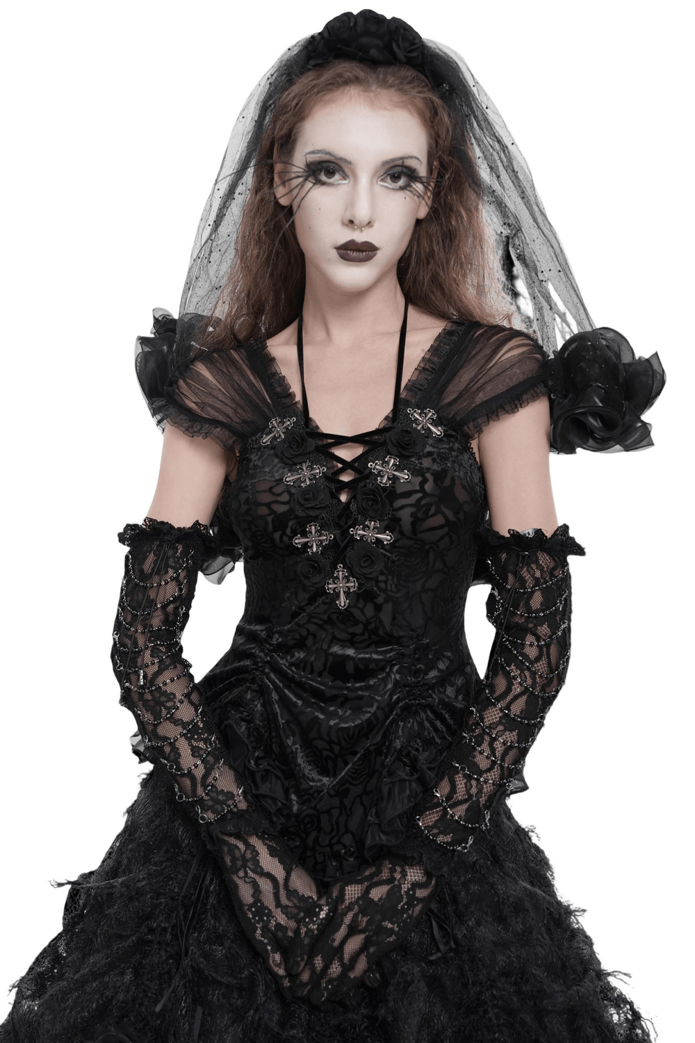 Alt Tag: Black Gothic Lace Corset Top with Sheer Ruffle Sleeves on model in black lace-up corset blouse with floral applique, cross accents, and veil