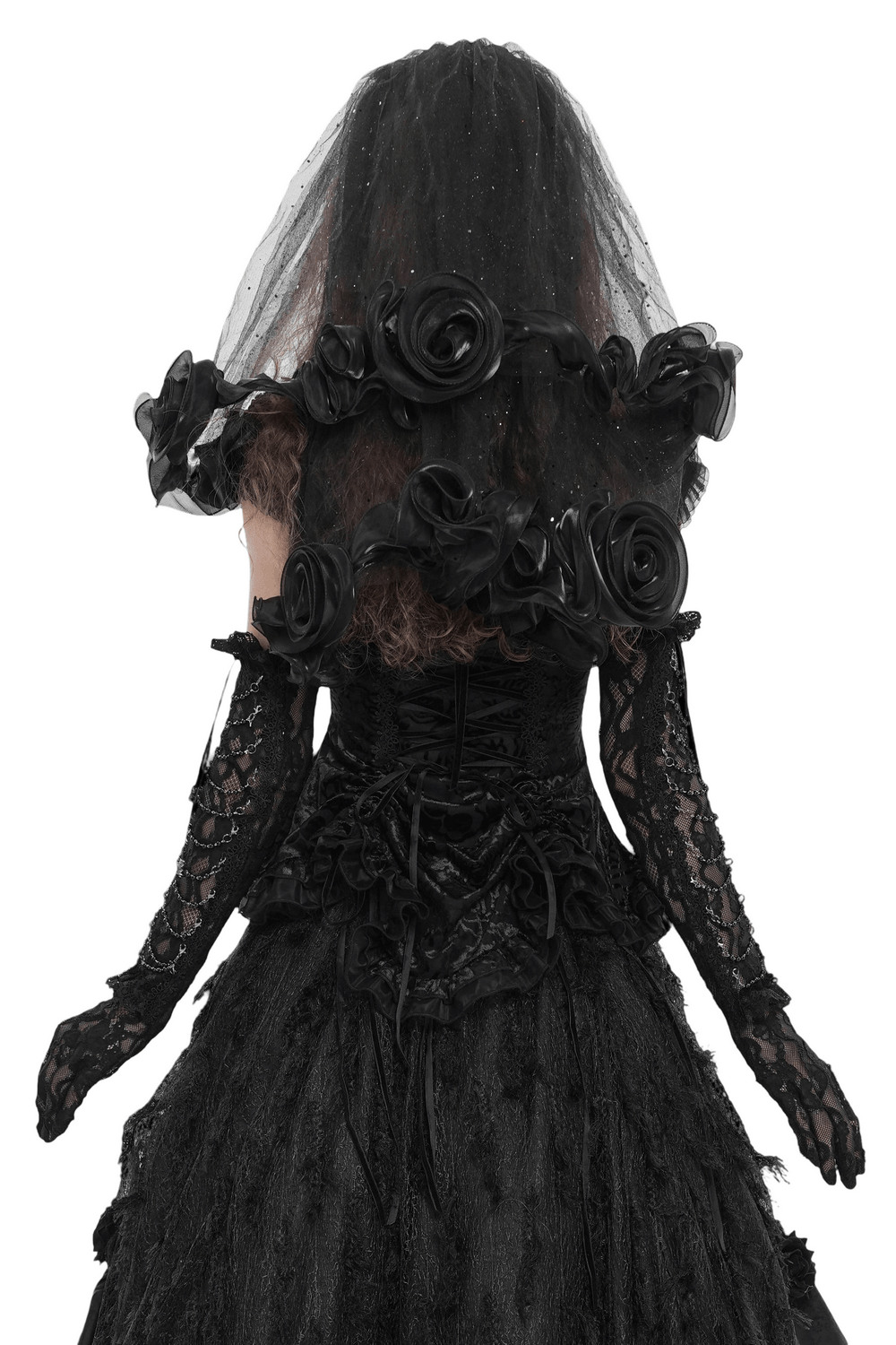 Alt Tag: Black Gothic Lace Corset Top with Sheer Ruffle Sleeves back view with lace-up detail, sheer ruffle sleeves, floral applique
