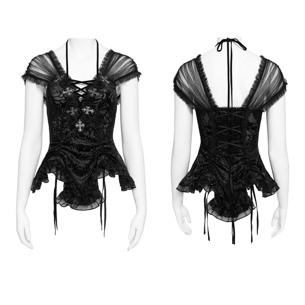 Alt Tag: Black Gothic Lace Corset Top with Sheer Ruffle Sleeves front and back view, floral applique, lace-up bodice, peplum hem