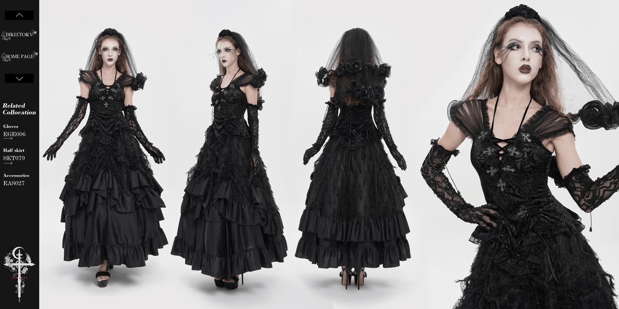 Alt Tag: Black Gothic Lace Corset Top with Sheer Ruffle Sleeves worn with layered black skirt, lace gloves, veil, and cross accents — dark romance vibes