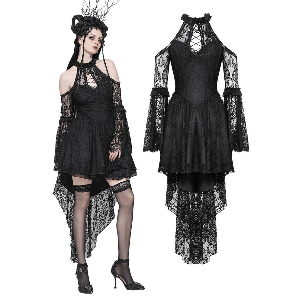 Black Gothic lace cutout dress with heart detail, ruffles, and open shoulders, perfect for edgy romantic looks.