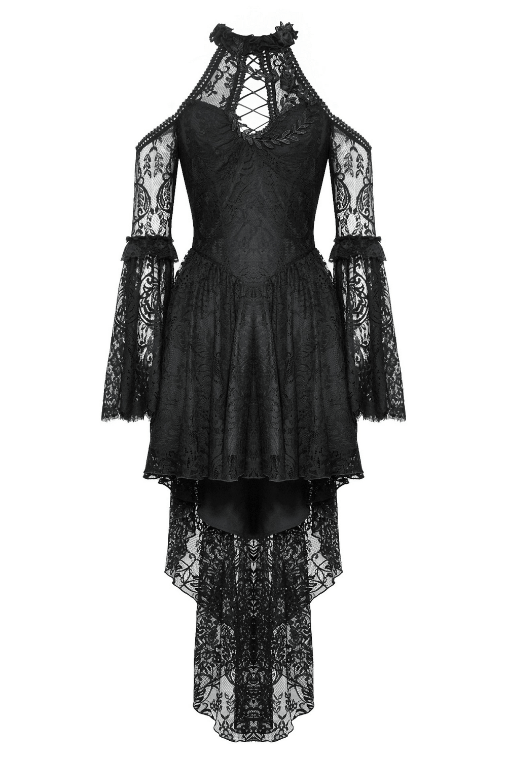 Black gothic lace dress with cutouts, heart detail, and ruffled trim for a romantic yet edgy style.
