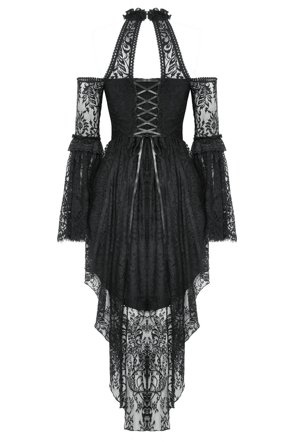 Elegant black gothic lace dress with open shoulders, heart detail, ruffles, and a high-low hemline.