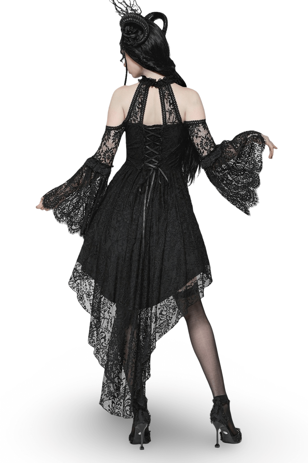 Back view of a black gothic lace dress with open shoulders, heart detail, and ruffled high-low hemline.