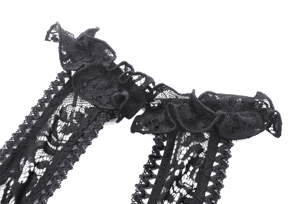 Black lace detailing with ruffled trim, perfect for gothic fashion enthusiasts.