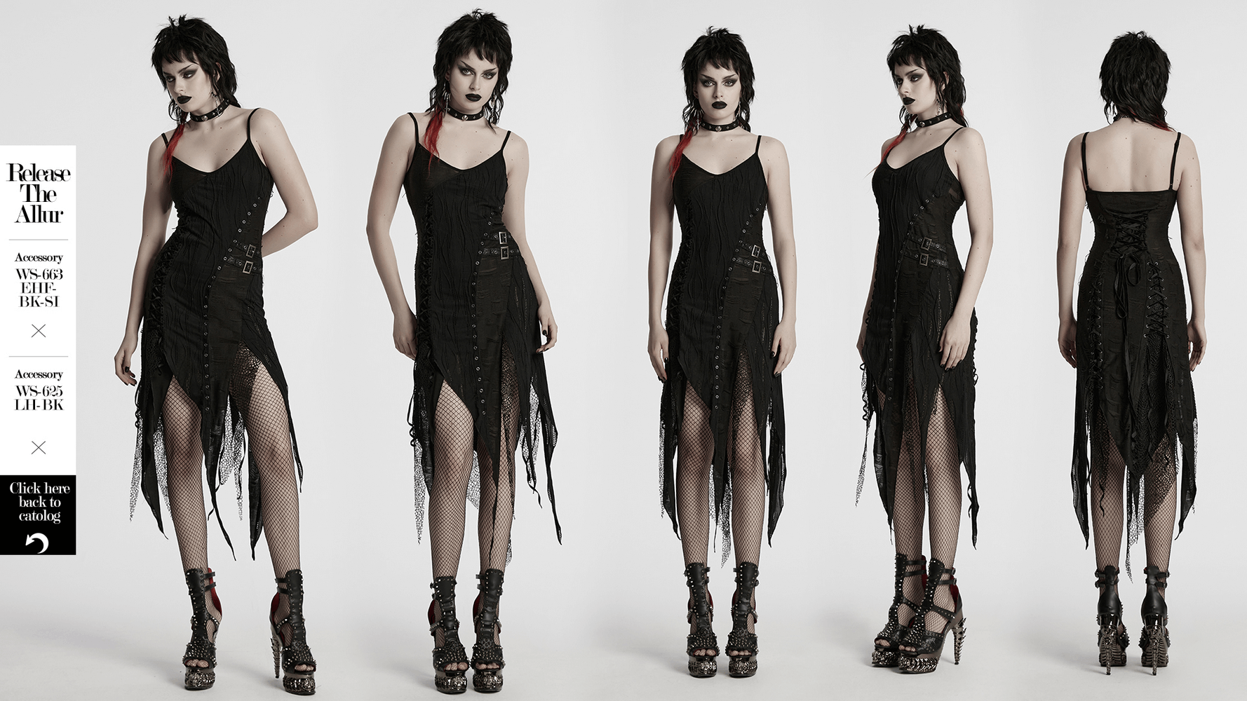Black Gothic lace dress with asymmetric hem, eyelets, and edgy styling perfect for alternative fashion.