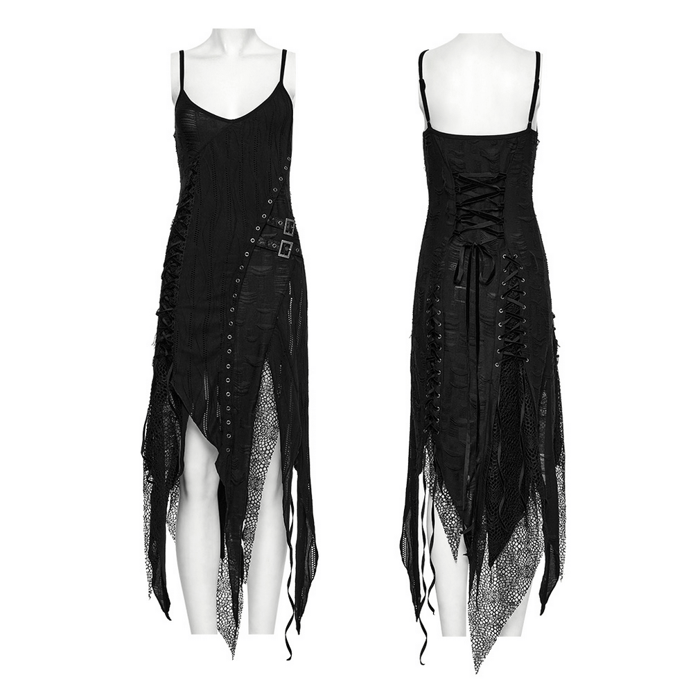 Black gothic lace dress with asymmetric hem and eyelets, showcasing a unique edgy style for a bold look.