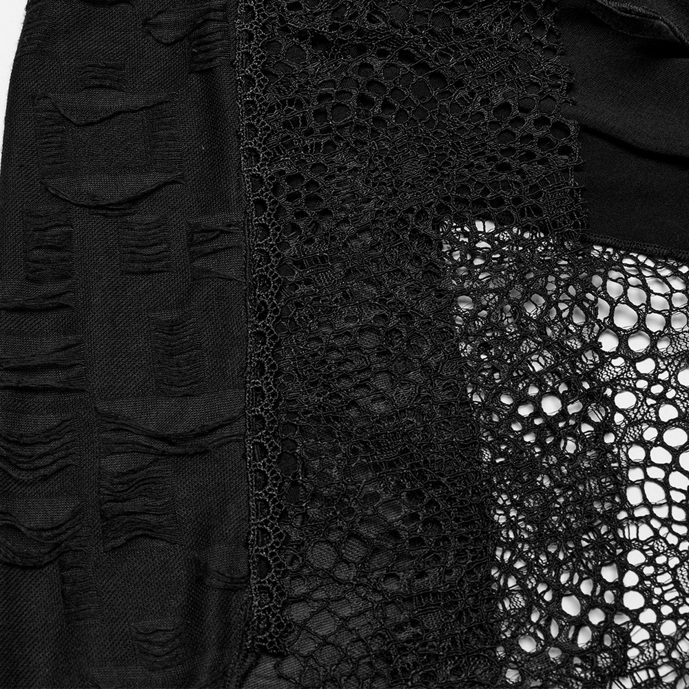 Close-up of intricate black gothic lace fabric with eyelets, showcasing a stunning asymmetric hem design.