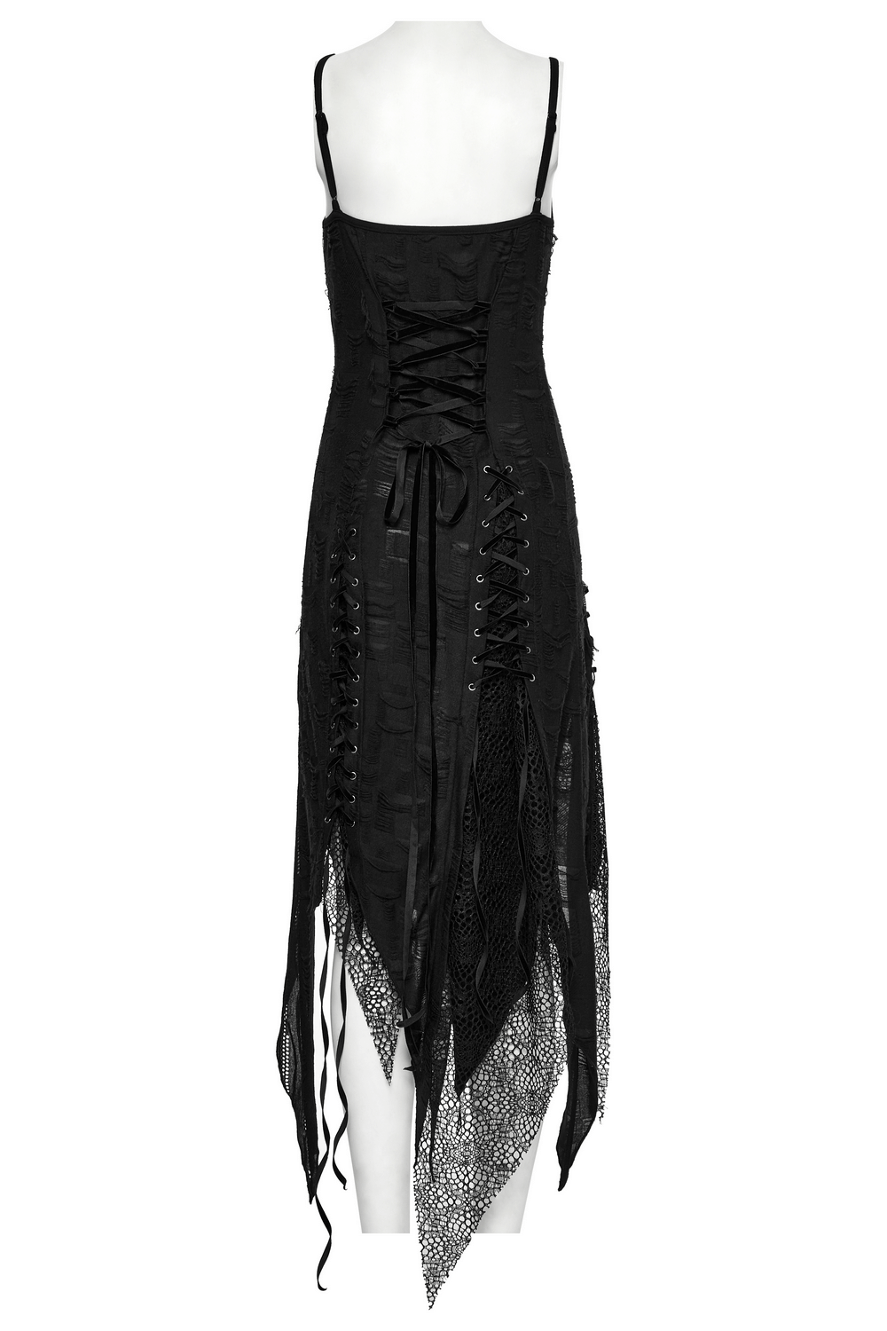 Black Gothic lace dress with asymmetric hem, eyelets, and stylish lace-up back detail.