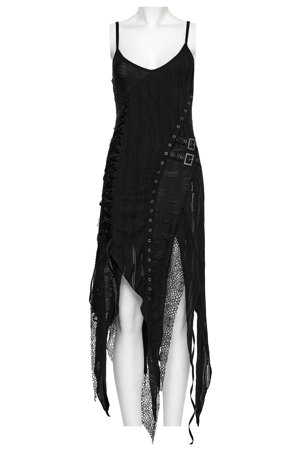Black gothic lace dress with asymmetric hem, eyelets, and edgy details for a bold look.