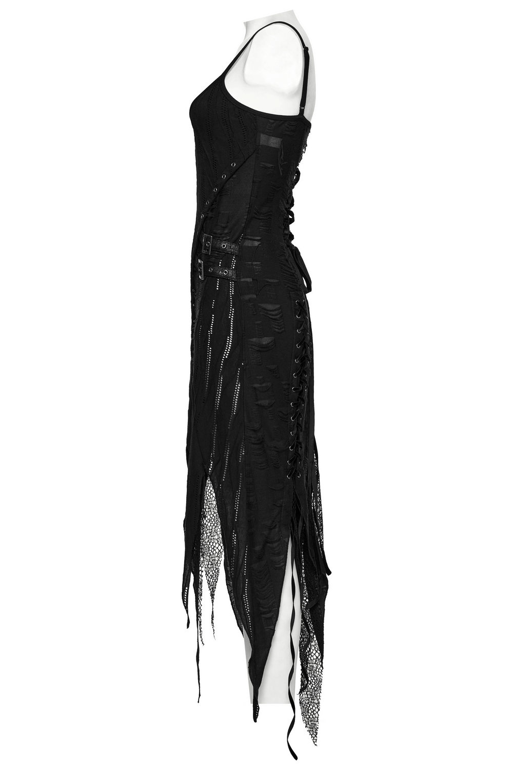 Stylish black gothic lace dress featuring asymmetric hem, eyelets, and a unique design for a bold look.