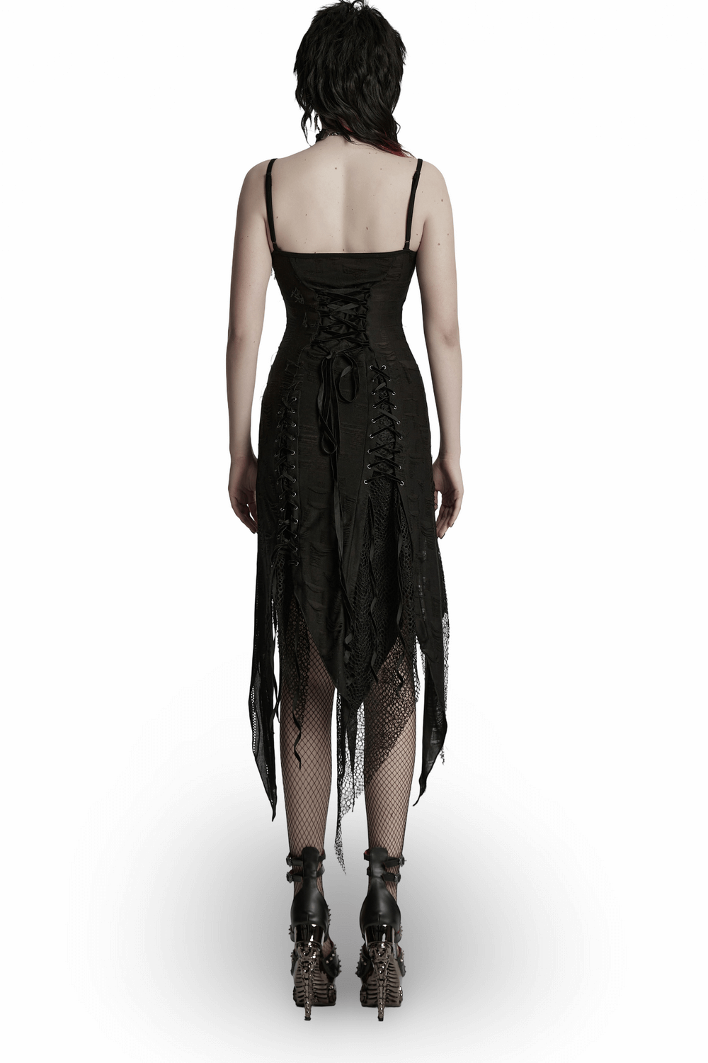 Back view of a black gothic lace dress with asymmetric hem and eyelets, perfect for edgy fashion lovers.