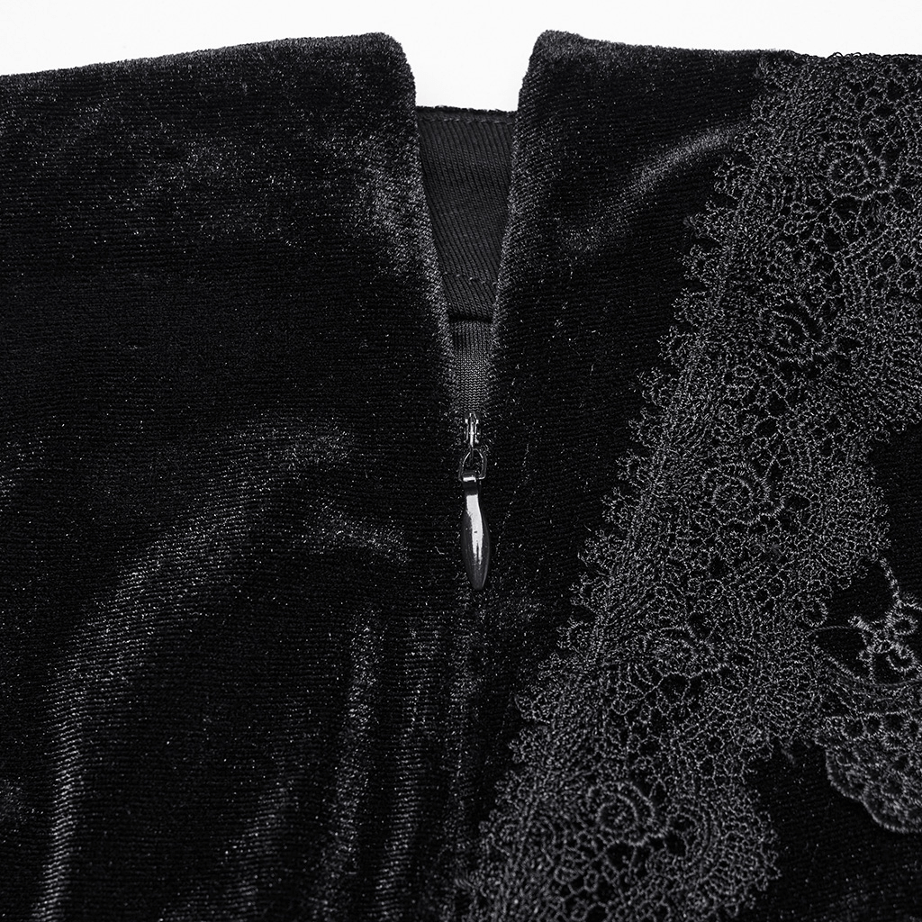 Close-up of black velvet and lace detailing with an invisible zipper on a gothic fishtail skirt.
