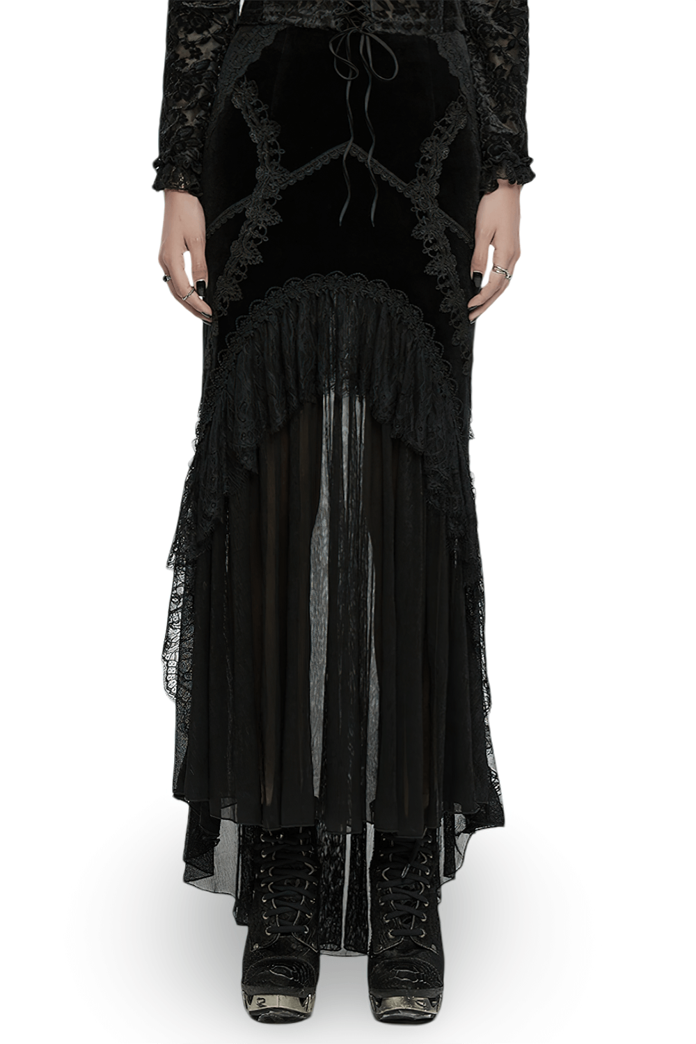 Schwarzer Gothic-Schwanzrock aus Spitze mit transparenten Chiffon-Einsätzen